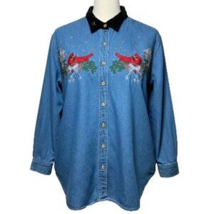 Vintage Denim Christmas Cardinal Shirt